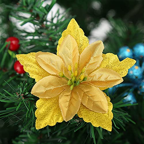 LEMCC 20 flores de Navidad con purpurina dorada de 9 cm de Poinsettia artificiales con clips, adornos de árbol de Navidad, flores de Navidad para árbol de Navidad, decoración de bodas, festivales