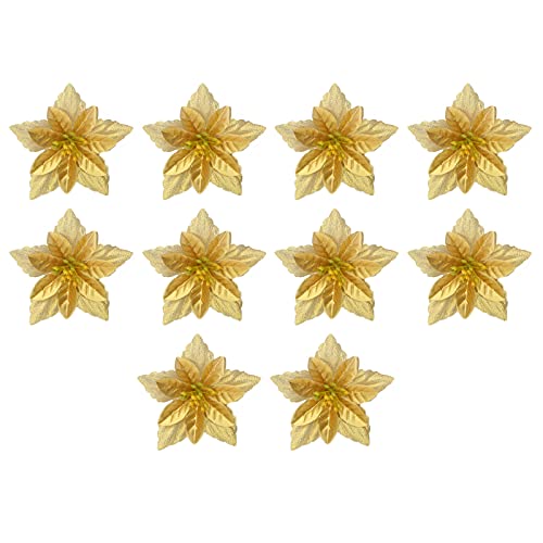 LEMCC 20 flores de Navidad con purpurina dorada de 9 cm de Poinsettia artificiales con clips, adornos de árbol de Navidad, flores de Navidad para árbol de Navidad, decoración de bodas, festivales