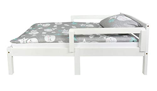 Leomark Individual Cama Infantil de Madera - Classic White - con colchón, somier, barra de seguridad, para niños, color blanco, moderno y elegante Mobiliario, Espacio para dormir: 70x140 cm