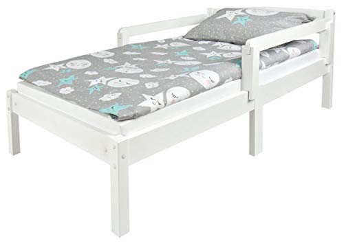 Leomark Individual Cama Infantil de Madera - Classic White - con colchón, somier, barra de seguridad, para niños, color blanco, moderno y elegante Mobiliario, Espacio para dormir: 70x140 cm