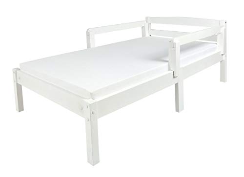 Leomark Individual Cama Infantil de Madera - Classic White - con colchón, somier, barra de seguridad, para niños, color blanco, moderno y elegante Mobiliario, Espacio para dormir: 70x140 cm