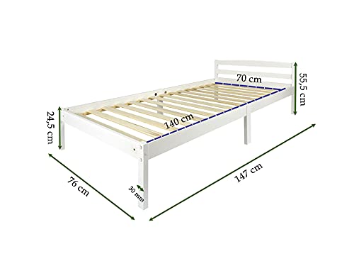 Leomark Individual Cama Infantil de Madera - Classic White - con colchón, somier, barra de seguridad, para niños, color blanco, moderno y elegante Mobiliario, Espacio para dormir: 70x140 cm