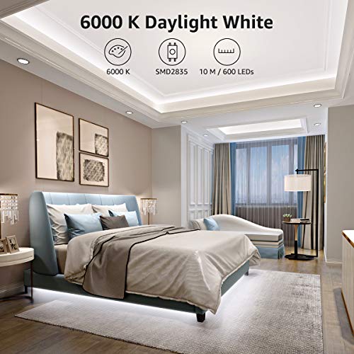 Lepro Tira de LED 10M blanca fría 6000K, Tira luz regulable 600 LED SMD 2835, cadena de luz blanca autoadhesiva, Tira LED 1800lm, Luces de Tiras LED para decoración navideña de cocina interior