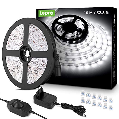 Lepro Tira de LED 10M blanca fría 6000K, Tira luz regulable 600 LED SMD 2835, cadena de luz blanca autoadhesiva, Tira LED 1800lm, Luces de Tiras LED para decoración navideña de cocina interior