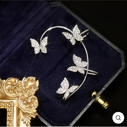 Lianshunzhao 1Pair Zircon Butterfly Earrings, Butterfly Ear Wrap Earrings, Vintage Ear Cuff Earrings Wrap Around, No Piercing Ear Clip for Women and Girls Gifts (Plata)