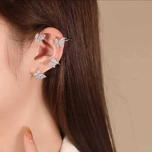 Lianshunzhao 1Pair Zircon Butterfly Earrings, Butterfly Ear Wrap Earrings, Vintage Ear Cuff Earrings Wrap Around, No Piercing Ear Clip for Women and Girls Gifts (Plata)