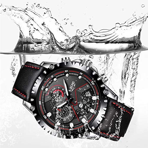 LIGE Relojes Hombres Cronógrafo Impermeable Militar Deportivo Analógico Cuarzo Relojes Hombre Moda Negro Cuero Calendario Relojes de Pulsera