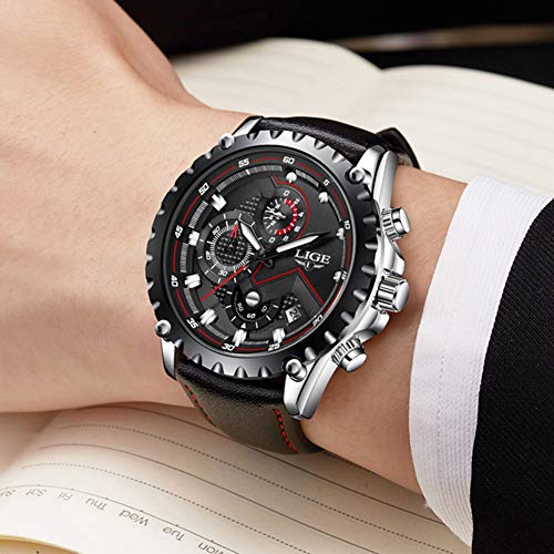 LIGE Relojes Hombres Cronógrafo Impermeable Militar Deportivo Analógico Cuarzo Relojes Hombre Moda Negro Cuero Calendario Relojes de Pulsera