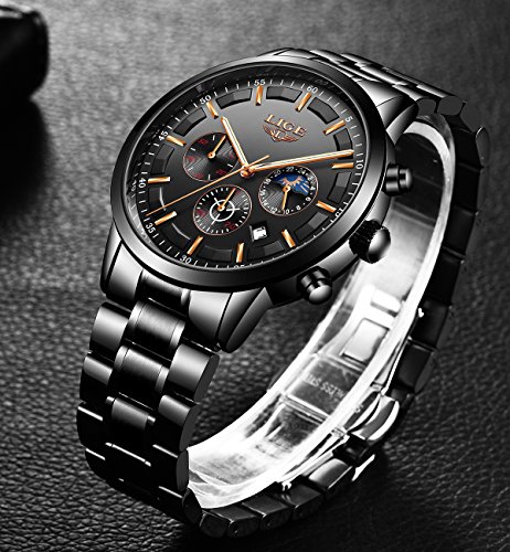 LIGE Relojes para Hombre Moda Acero Inoxidable Deportivo Analógico Reloj Cronógrafo Impermeable Negocios Reloj de Pulsera (Black Black)