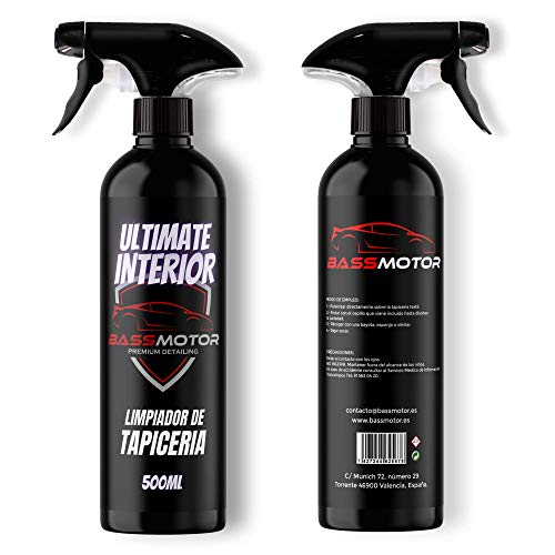 Limpia Tapicería Textil y Alcántara para Asientos Alfombrillas Coche con Manchas Limpiador Interior de Coches Espuma con Cepillo Incluido Uso Fácil Aroma a Nuevo BassMotor - Ultimate Interior 500ml