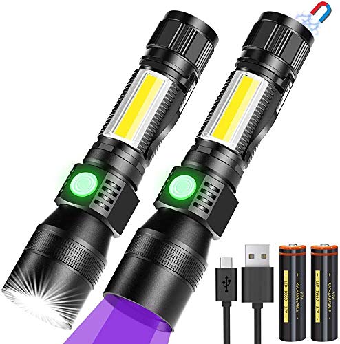 Linterna UV 3 en 1, linterna LED, USB, recargable, magnética, con zoom, banral, resistente al agua, lámpara de trabajo COB, 7 modos, 395 nm, detector de orina para mascotas (2 unidades)