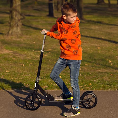 LIONELO Luca Patinete Urbano XXL hasta 100 kg, Scooter para niños, Grandes Ruedas 200 mm ShockResist Amortiguador, Volante Ajustable Altura, Freno Plegable (Negro 2)