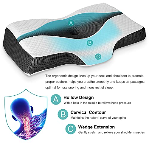 LITSPOT Almohada Cervical - Almohada Ergonómica con Memoria de Forma, Almohada Cervical con Alturas Ajustables (61 * 41 * 11 / 9cm) Funda Lavable de Diseño Terapéutico para Dolor Reducido(Negro)