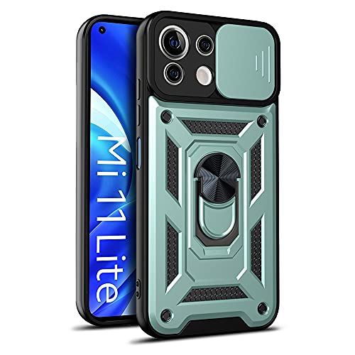 LOCLOUD Funda para Xiaomi Mi 11 Lite 5G / 4G, Protección de la Cámara Carcasa con Cubierta de Cámara Deslizante y Soporte de Anill PC Dura y TPU Silicone Anti-Choque Anti-arañazos Case – Verde