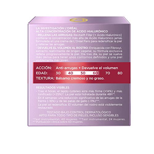 L'Oréal Paris Crema de Día Rellenadora Anti-edad Revitalizante Revitalift Filler, Antiarrugas y Volumen, Con Ácido Hialurónico Concentrado, Acabado no graso, 50 ml