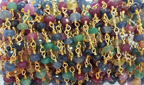 LOVEKUSH 50% Off Gemstone Jewellery 3 Feet Natural Multi Sapphire Beaded Chain - Gold Over Sterling Silver or Gold Plated Wire Wrapped Chain - Beads 2.5-3.5mm Code:- RADE-38283