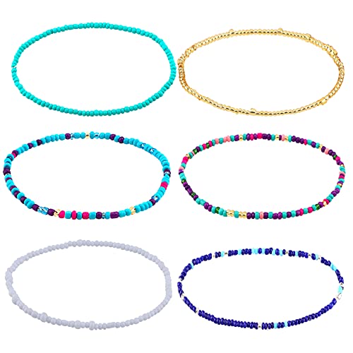 LUTER 6 Piezas Tobilleras Cuentas Pulsera Elástica Bohomenian Tobilleras Colores Cuentas Coloridas Hechas a Mano Joyería para Niñas Mujeres