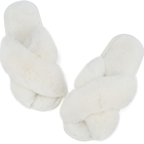 Lvptsh Zapatillas de Casa para Mujer Invierno Pantuflas Hombre Cálidode Slippers Fluff Zapatos de Casa Planas Peludo Antideslizante,White,EU42/43