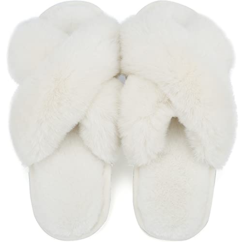 Lvptsh Zapatillas de Casa para Mujer Invierno Pantuflas Hombre Cálidode Slippers Fluff Zapatos de Casa Planas Peludo Antideslizante,White,EU42/43