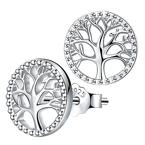 Lydreewam árbol de la Vida Pendientes para Mujer Plata de ley 925 con Caja de Regalo, Diámetro 10mm