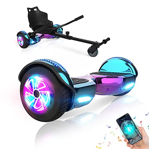 M MEGAWHEELS Hoverboard con Silla, Patinete electrico Auto Equilibrio 6.5 Pulgadas con Bluetooth, Fuerte Dual Motor y Hoverboard LED es un Regalo para niños.(Violet-Cyan)