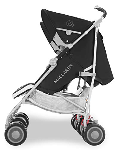 Maclaren Twin Techno silla de paseo ligera y compacta para recién nacidos de hasta 15 kg en cada asiento, Capota individual extensible y asiento reclinable, Incluye protector para la lluvia, Negro