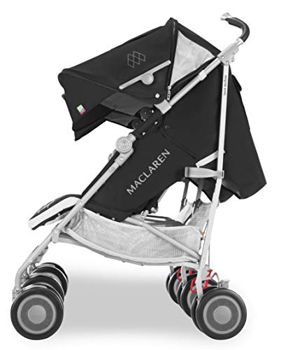 Maclaren Twin Techno silla de paseo ligera y compacta para recién nacidos de hasta 15 kg en cada asiento, Capota individual extensible y asiento reclinable, Incluye protector para la lluvia, Negro