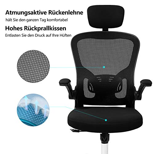 Magic Life Silla de Escritorio Silla de Oficina ergonómica con reposacabezas Ajustable Reposabrazos abatible y Cierre de Malla Agradable para la Piel Silla para computadora con rotación de 360 °