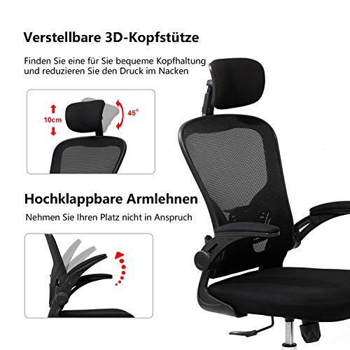 Magic Life Silla de Escritorio Silla de Oficina ergonómica con reposacabezas Ajustable Reposabrazos abatible y Cierre de Malla Agradable para la Piel Silla para computadora con rotación de 360 °