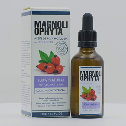 Magnoliophyta Aceite de Rosa Mosqueta con Colágeno, Aceite Corporal y Facial, Todo Tipo de Pieles, Regenera y Nutre en Profundidad, Combate Arrugas, 100% Natural Originario de Chile, 50 Mililitros