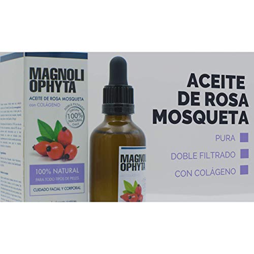 Magnoliophyta Aceite de Rosa Mosqueta con Colágeno, Aceite Corporal y Facial, Todo Tipo de Pieles, Regenera y Nutre en Profundidad, Combate Arrugas, 100% Natural Originario de Chile, 50 Mililitros