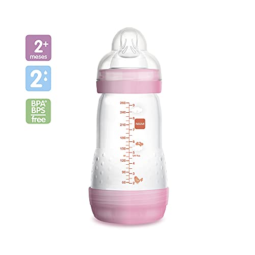 MAM Biberón Easy Start Anti-Colic A121, Anticólicos Patentado con Tetina 2 de Silicona SkinsoftTM Ultrasuave, para Bebés a partir de 2 Meses, 260 Ml Rosa, 1 Unidad, Autoesterilizable en 3 minutos