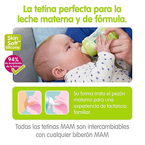 MAM Biberón Easy Start Anti-Colic A121, Anticólicos Patentado con Tetina 2 de Silicona SkinsoftTM Ultrasuave, para Bebés a partir de 2 Meses, 260 Ml Rosa, 1 Unidad, Autoesterilizable en 3 minutos