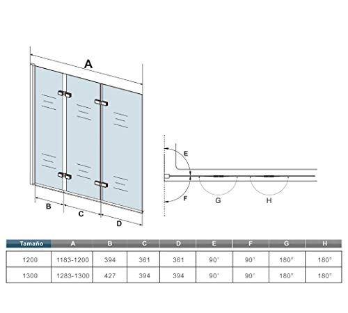 Mamparas de Bañera Biombo Plegable Cristal 6mm 3 veces plegable Antical 120x140cm