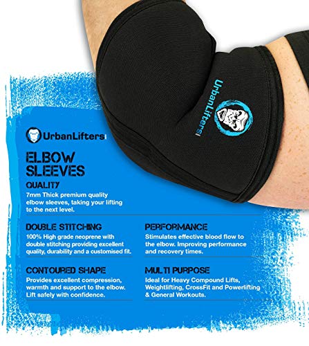 Mangas de codo Urban Lifters (Par) - Excelente soporte, calor, compresión, prevención de lesiones y mejora del rendimiento para Pressing, WOD's, Crossfit, WeightLifting, Powerlifting & Gym Goers. Conveniente para los hombres y la mujer. (L)