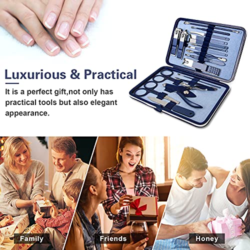 Manicura Pedicura Set 18 PCS Profesional Cortaúñas Acero Inoxidable Grooming Kit - Con Estuche De Viaje De Cuero Lujoso（Azul Oscuro）