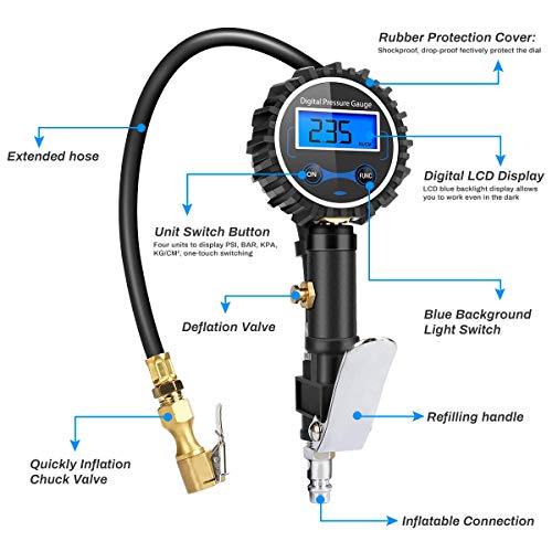 Manómetro Presión Neumáticos Digital Manómetro Inflador Neumáticos para Compresor Medidor Presión Neumáticos Profesional Portátil para Coche Moto Bicicleta y Camión 0-200psi