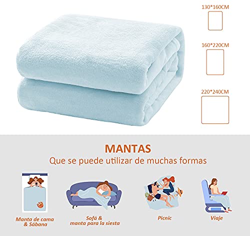 Manta para Sofá de Franela, Mantas para Cama Suave, Manta Suave con Tacto de Terciopelo, Manta para Cama 90 Reversible (220 x 240 cm, Azul Cielo)