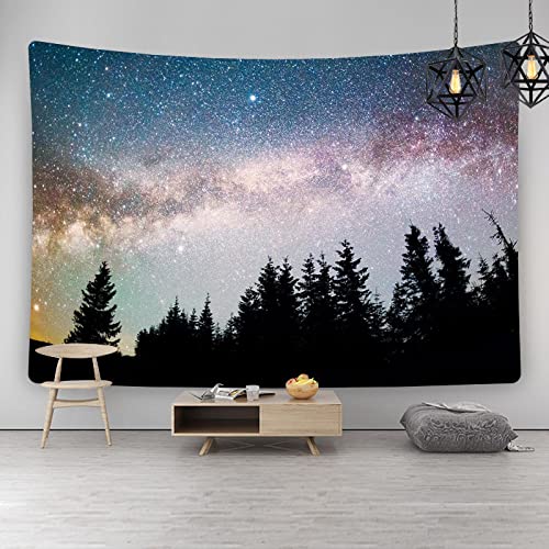 MAOCAP Tela De Fondo De Bosque De Cielo Estrellado Nórdico, Tapiz De Decoración De Sala De Estar, Cielo Nocturno De Árbol Grande, Tela De Pared con Paisaje De Auroras Boreales-Gt1142_El 150X100Cm