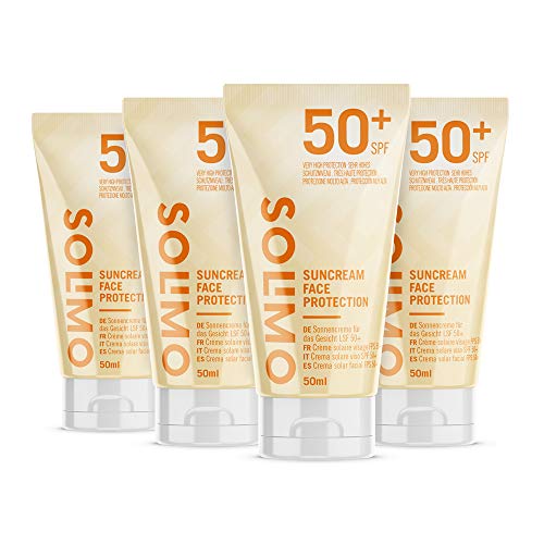 Marca Amazon - Solimo - SUN - Crema solar facial FPS 50+, con vitamin E, antioxidante (4x50 ml)