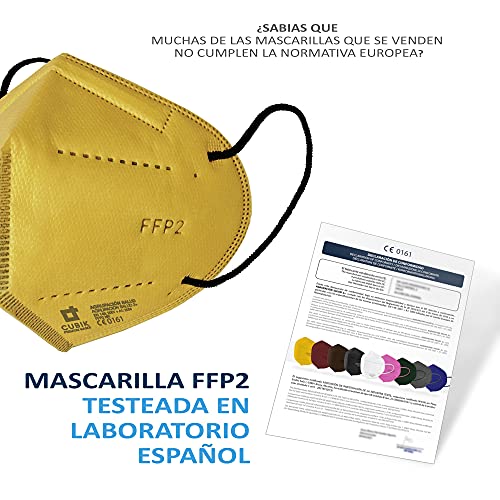 Mascarilla FFP2 colores, 50 unidades colores, Fabricación 100% Española, Alta eficiencia 5 capas, talla única, Homologada CE 0161, EN 149: 2001+A1:2009