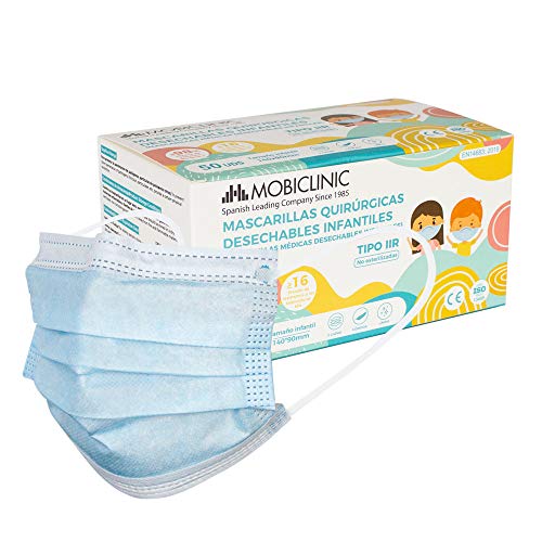 Mascarillas Quirúrgicas Infantiles IIR, 50 uds, Mobiclinic, Marca Española, Mascarillas médicas homologadas, 3 capas, Alta eficiencia filtración bacteriana mayor al 98%, EN 14683:2019, Marcado CE