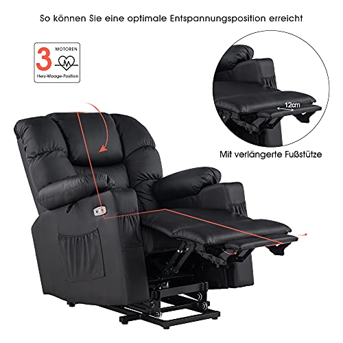 MCombo 7550 - Sillón de relax eléctrico con 3 motores independientes ajustables 750, posición reclinable hasta 170°, reposapiés alargado (negro)