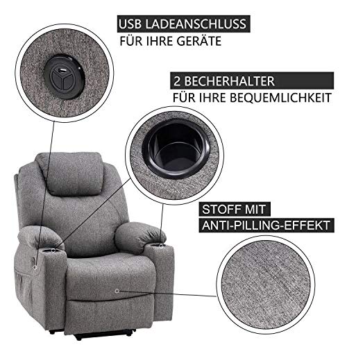 MCombo Sillón eléctrico para levantarse y relajarse, con calefacción, ajustable, conexión USB, color gris