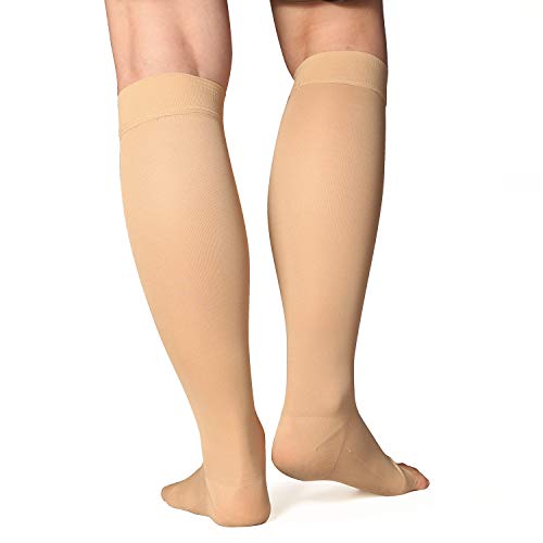 +MD Calcetines hasta la rodilla de alta compresión 23-32 mmHg Medias de soporte médico para los pies abiertos para la hinchazón, venas varicosas, edema, arañas vasculares NudeL