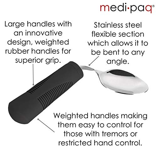 Medipaq Juego de Cubiertos Ponderados – Cubiertos Flexibles para Ancianos Discapacitados Enfermos de Parkinson o con Temblores – 1 Set de Cubiertos Estables – Negro - Cuchillos de Mesa no Se Doblan