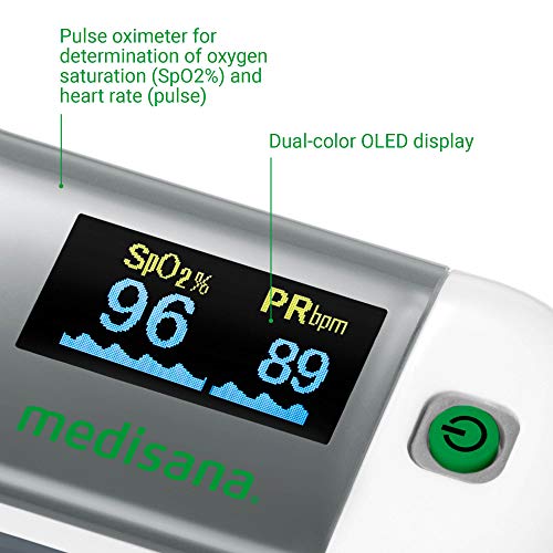 Medisana PM 100 Oxímetro de pulso, medición de la saturación de oxígeno en sangre, oxímetro de pulso de dedo con pantalla OLED y operación con una sola pulsación