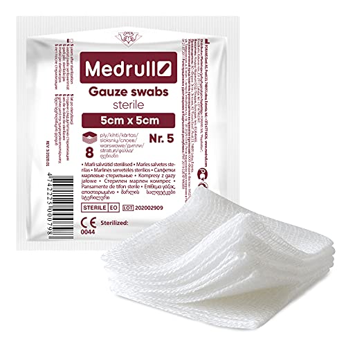 Medrull - Compresas estériles de gasa 100 unidades (20 x 5 unidades), 8 capas, 5 x 5 cm - Material para apósitos, compresas para heridas, vendas de gasa, apósitos de gasa para heridas