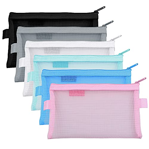 Meetory 6 Piezas Zip Mesh Zipper Pouches Caja de Lápiz Organizador Multiusos Bolsas de Almacenamiento para Viajes Suministros de Oficina de Cosméticos (6 colores)