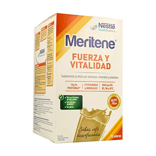 MERITENE Fuerza y Vitalidad, Batido, Complemento Alimenticio, Vitaminas y Minerales, Sobres, Café Descafeinado, 15 Unidades